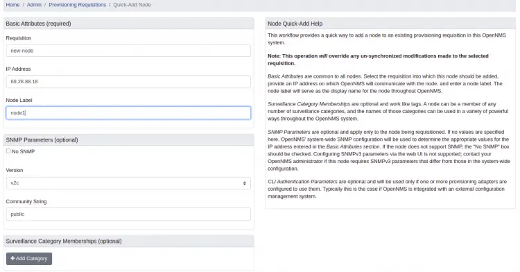 Настройки ноды OpenNMS
