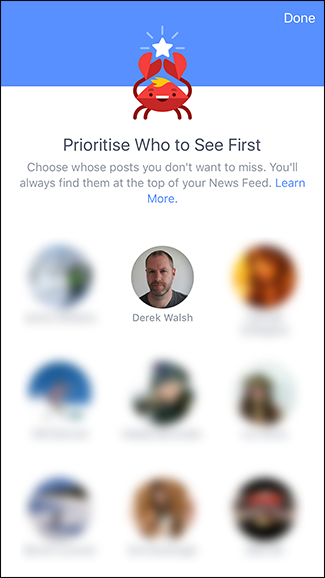 Экран выбора людей и страниц для приоритезации показа в ленте