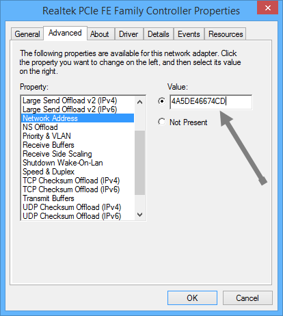 Ввод нового MAC-адреса в Windows в поле Network Address