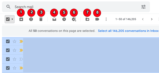 Панель действий для выбранных писем в Gmail