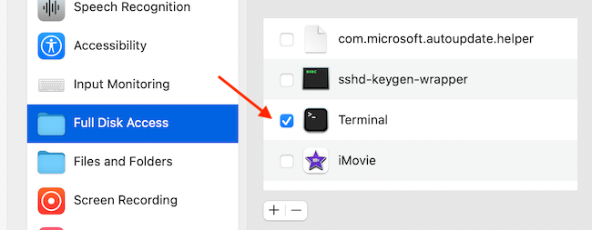 Enable Full Disk Access for Terminal App