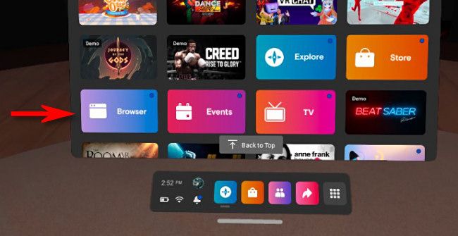 Нажмите на значок «Browser» в библиотеке приложений Oculus.