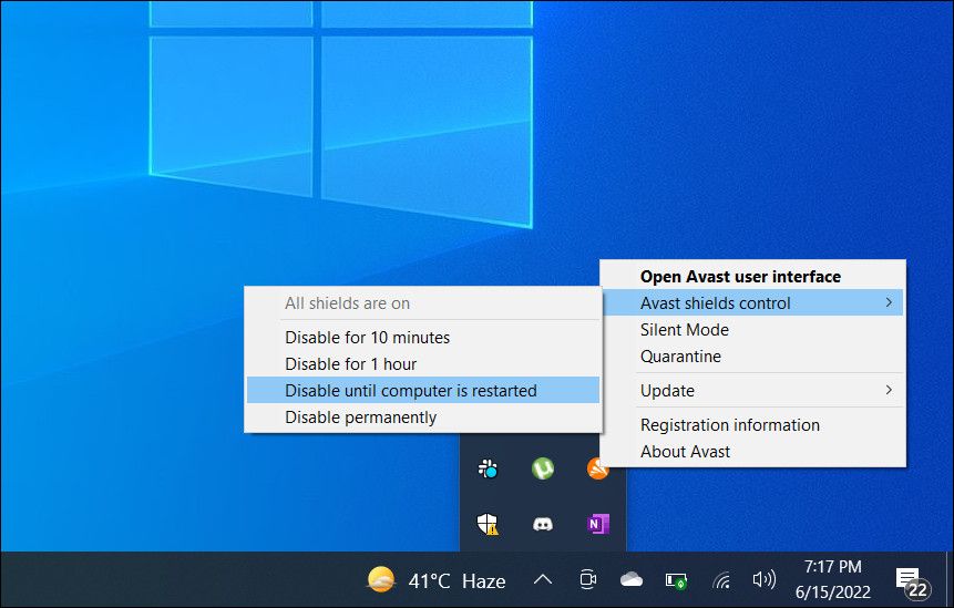 Временное отключение антивируса через системный трей Windows