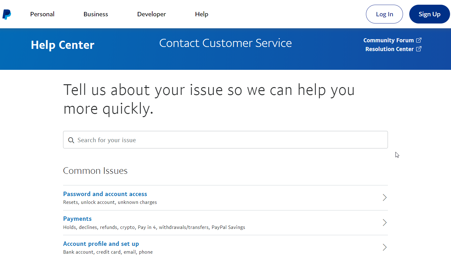 Иллюстрация: страница поддержки клиентов PayPal