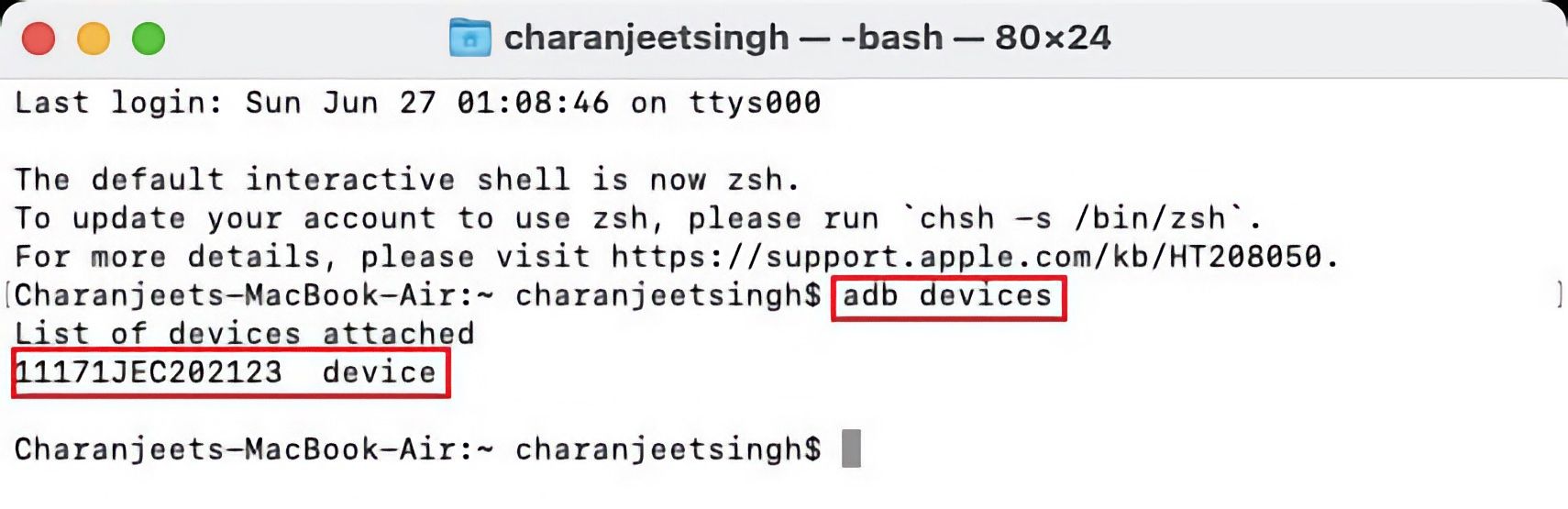 Вывод команды adb devices — список подключённых устройств
