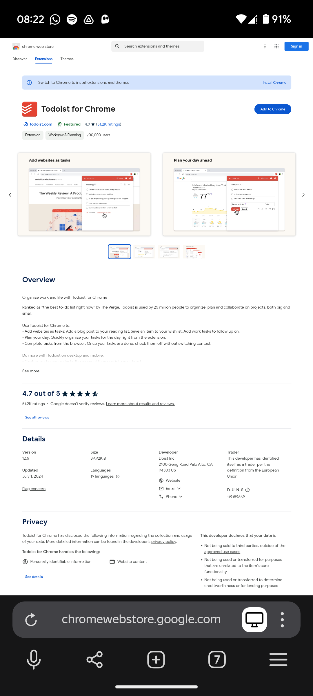 Страница расширения Todoist в Chrome Web Store