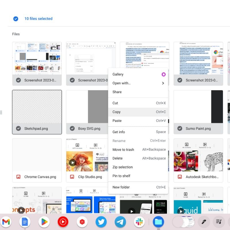 контекстное меню копирования файлов на Chromebook