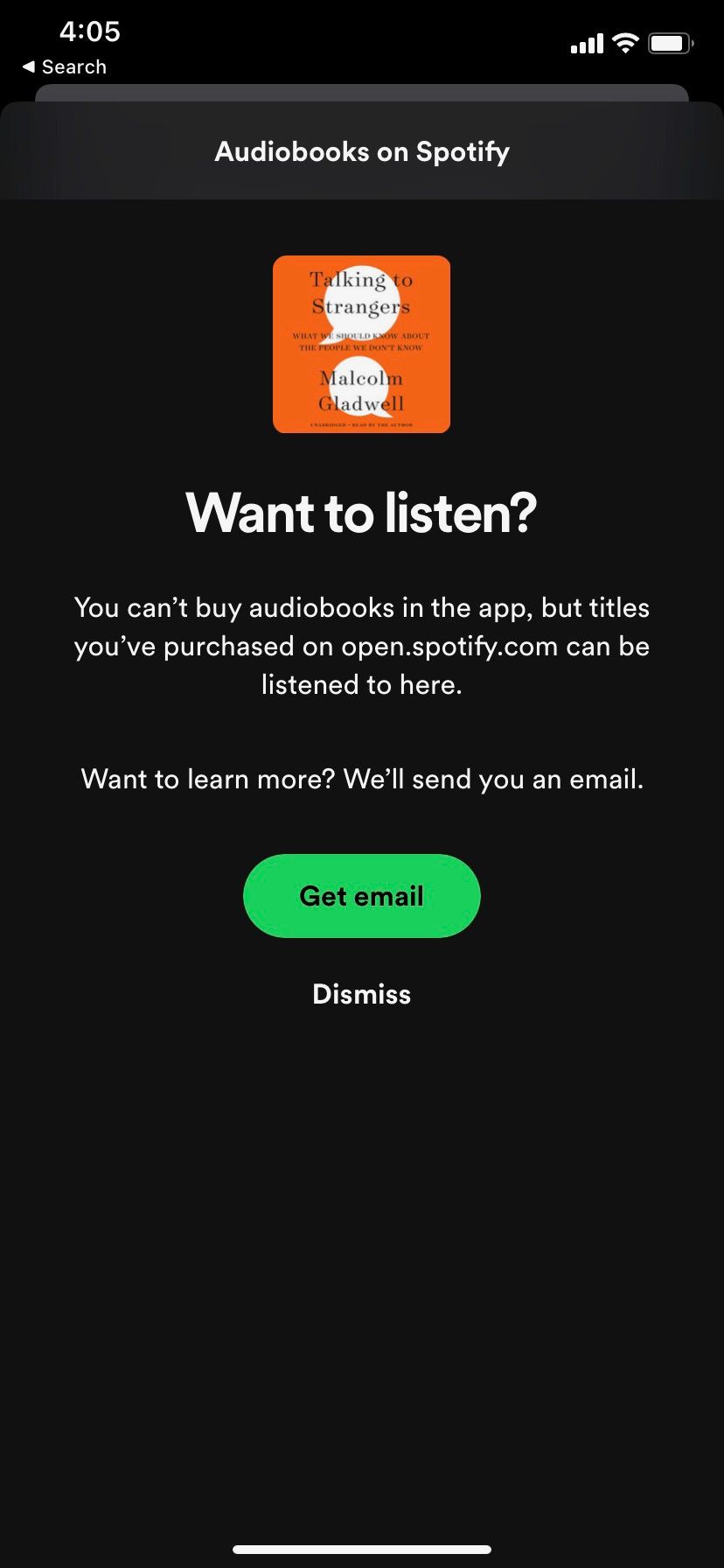 Пример скриншота экрана iPhone с библиотекой аудиокниг в Spotify