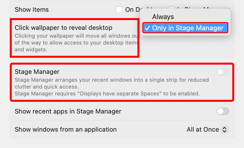 Окно Системных настроек macOS с отключённым Stage Manager и кликом по обоям