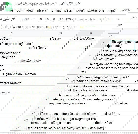 Иллюстрация формулы LEN и SUBSTITUTE для подсчёта слов