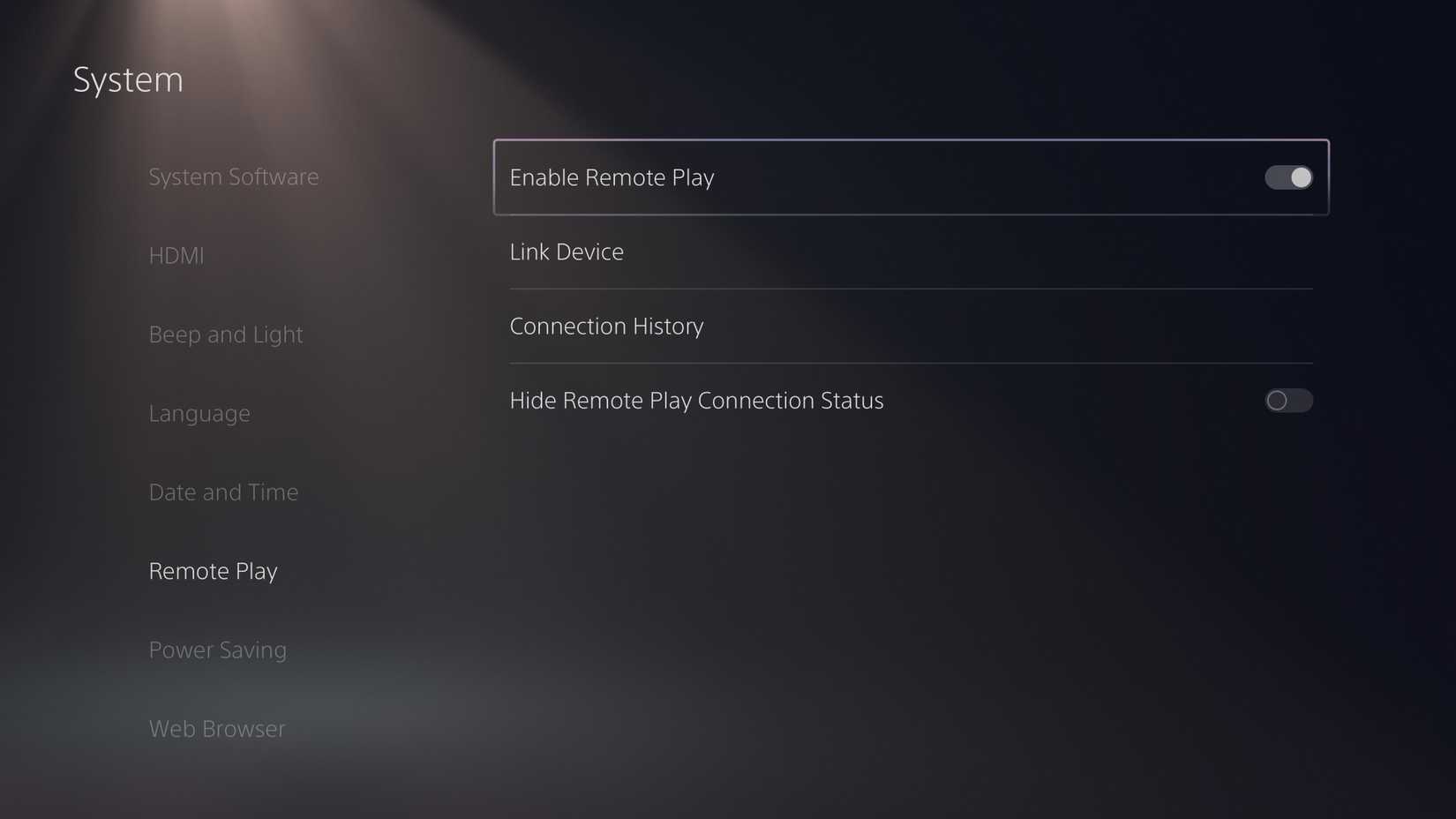 Страница Remote Play в настройках PS5.