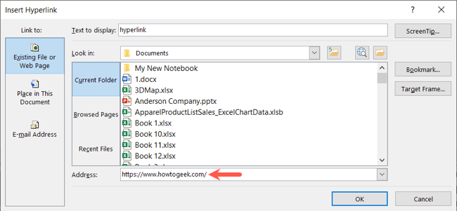 URL вставлен в поле «Адрес»