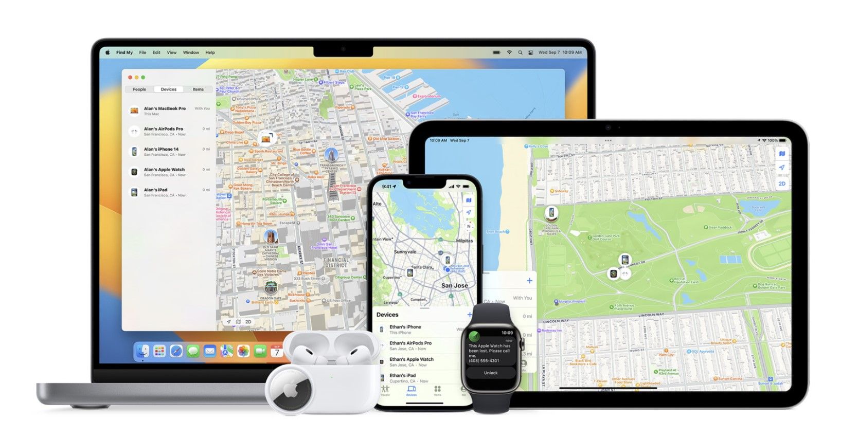 Разные устройства Apple (AirPods, iPad, iPhone, Mac, Apple Watch) в приложении «Локатор»