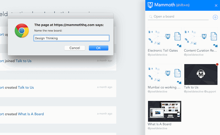 Пустая доска Mini Mammoth с кнопкой создания новой доски и полем поиска