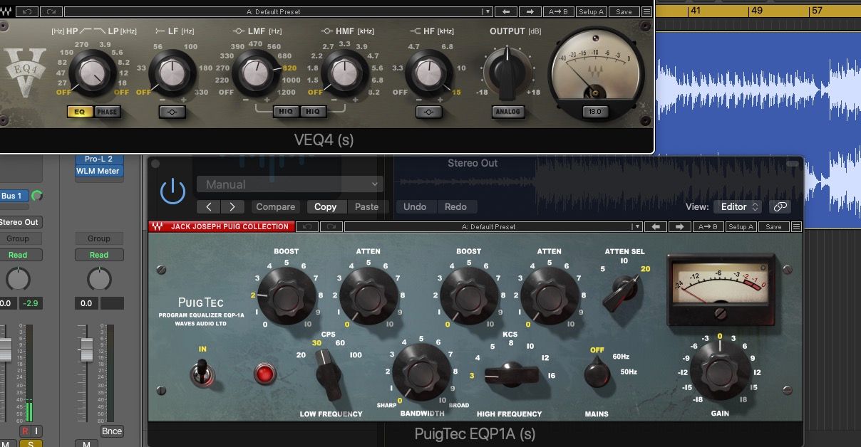 Two EQ plugins apply additive and subtractive EQ in Logic Pro