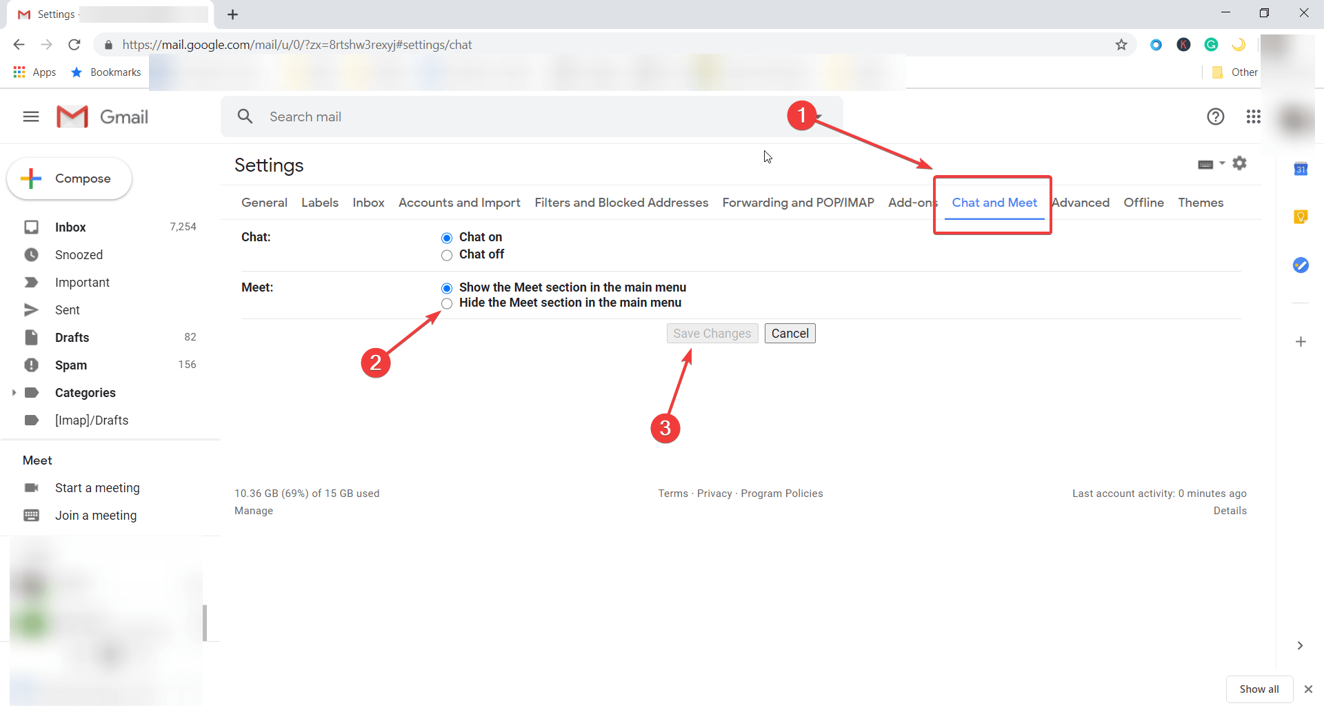 Параметры Chat и Meet в Gmail