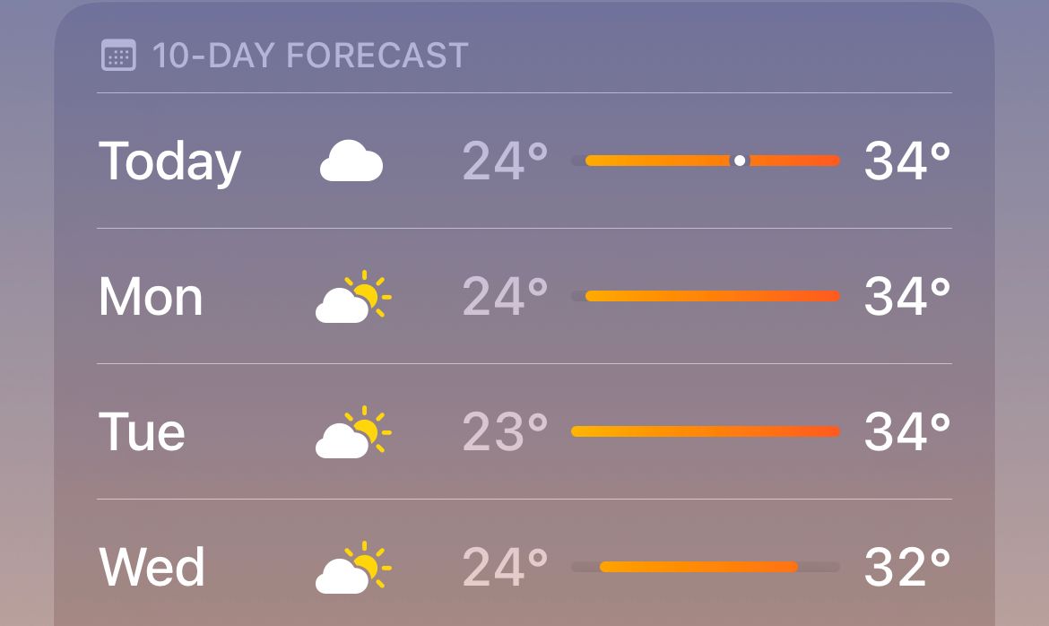 Прогноз на 10 дней в приложении Погода с цветовой шкалой температур