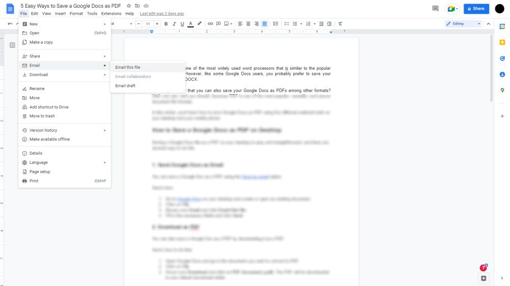 Опция отправки документа по электронной почте в Google Docs