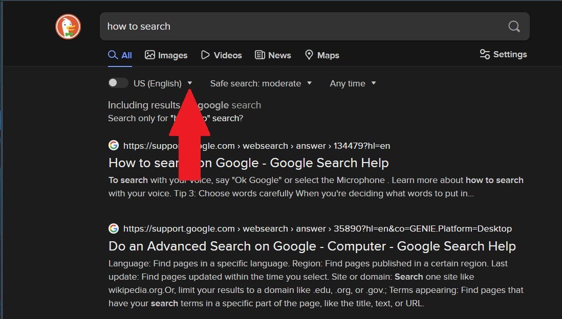 Переключатель региона в DuckDuckGo