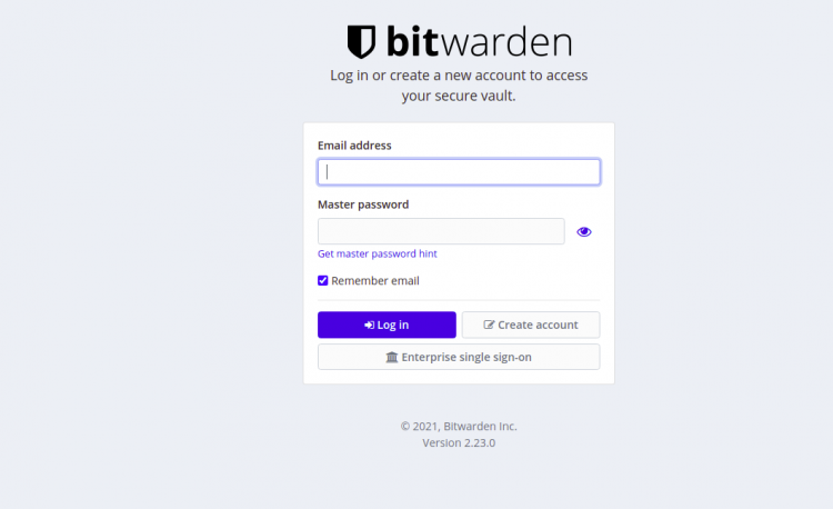 Экран входа Bitwarden Web