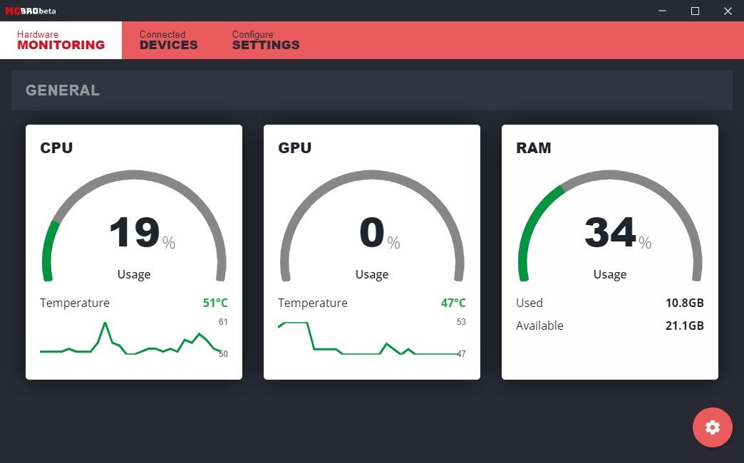 mobro installed on windows pc showing system stats