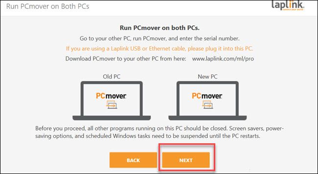 PCmover с выделенной кнопкой Next.