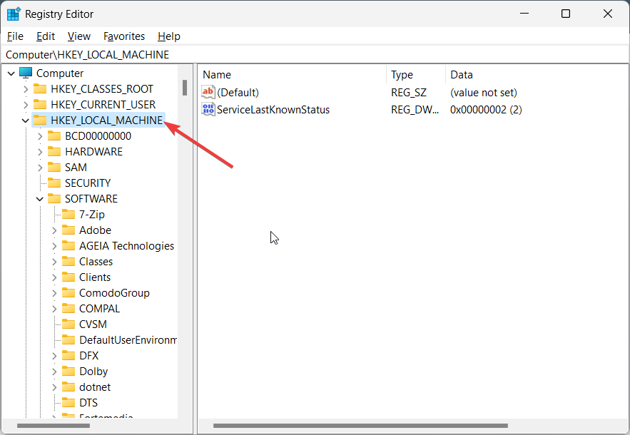 Ветка HKEY_LOCAL_MACHINE в редакторе реестра
