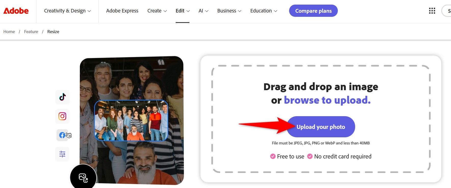 'Upload Your Photo' highlighted on the Adobe Express site.