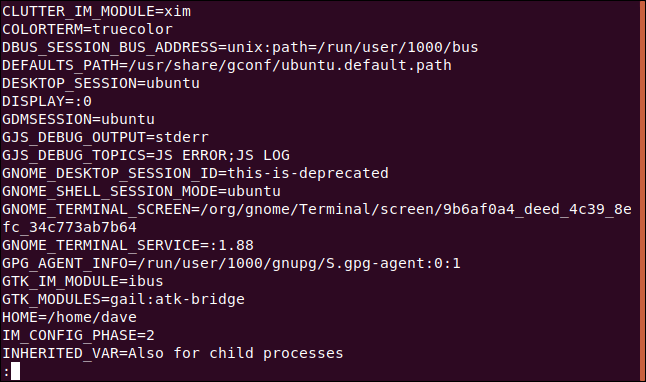 Список переменных, отсортированный и показанный в less