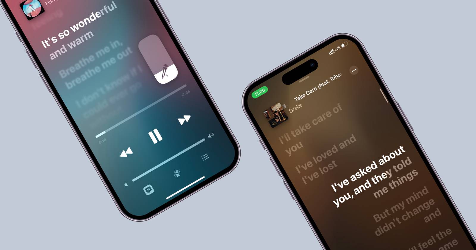 Два iPhone по диагонали с регулировкой громкости Apple Music Sing и режимом дуэта