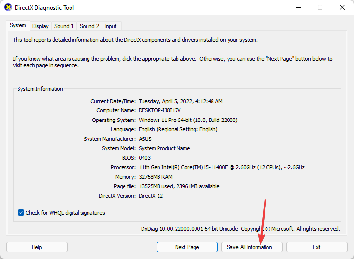Кнопка «Save All Information» в окне dxdiag