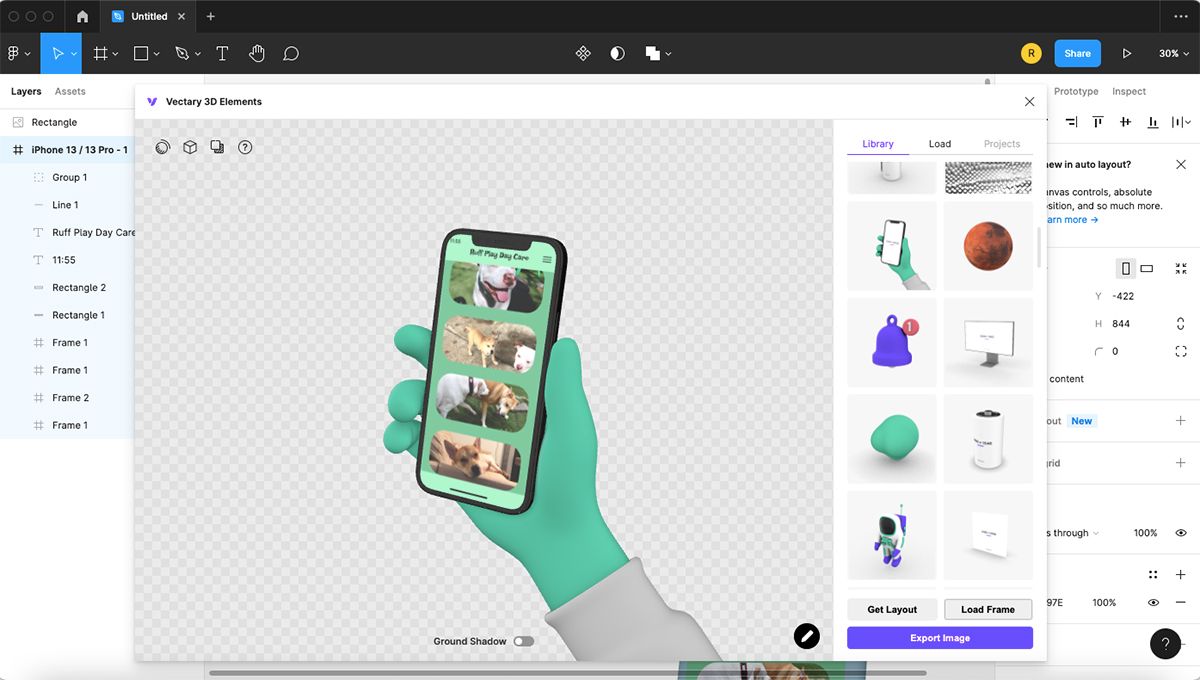 Всплывающее окно плагина Vectary 3D Elements в Figma.