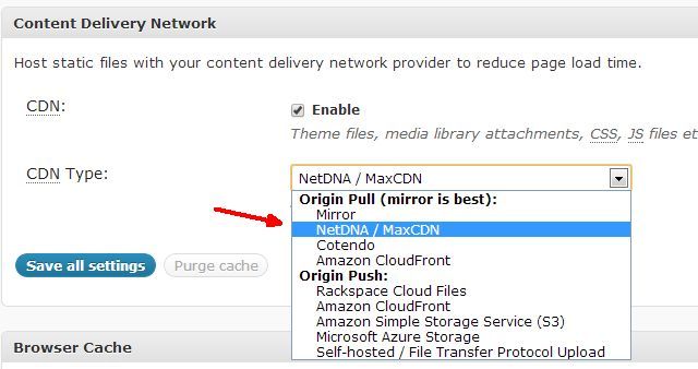 Настройка CDN в W3 Total Cache: выбор провайдера и ввод URL