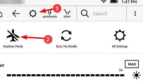 Иконка меню Kindle с пунктом авиарежим