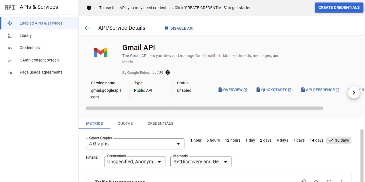 Панель управления Gmail API с вкладкой Credentials.