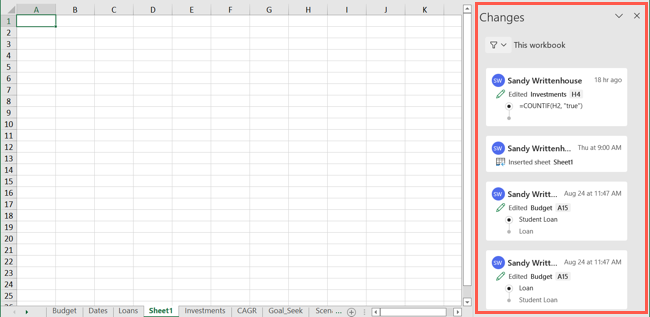 Панель Показать изменения в Excel
