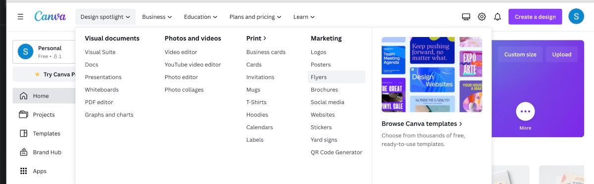 Главная страница Canva с открытым разделом Design Spotlight