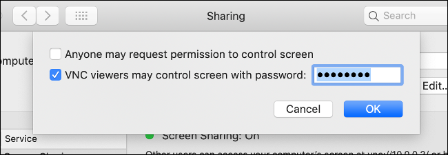 Параметры общего доступа macOS с опциями VNC