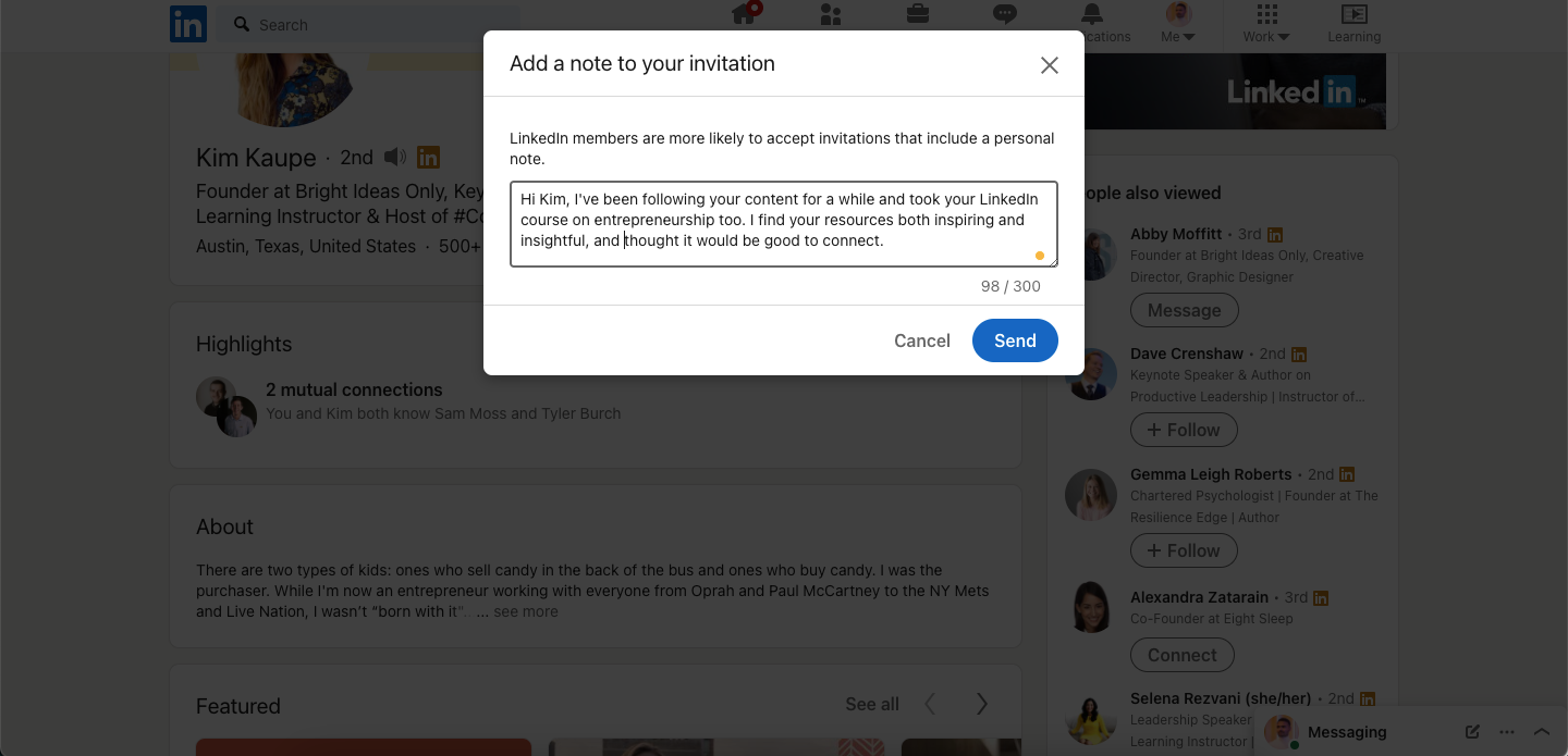 оказание заметки при отправке запроса в LinkedIn