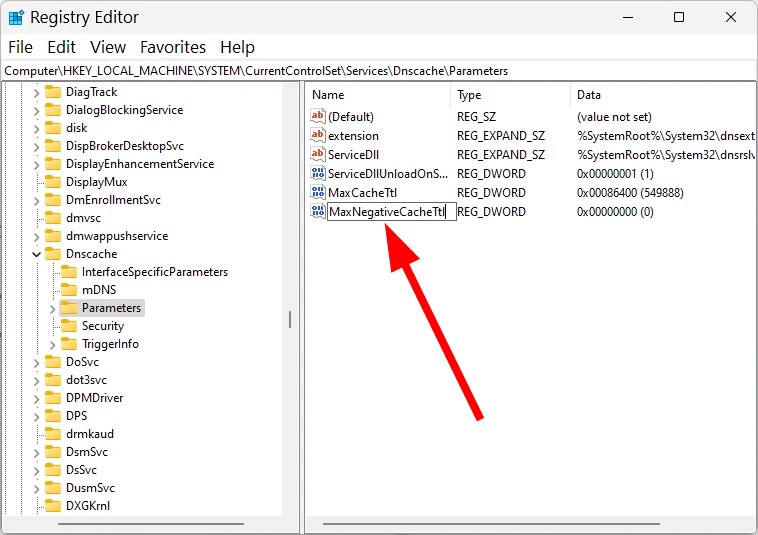 Создание MaxNegativeCacheTtl и установка значения 5