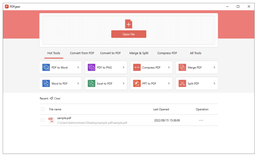 Импорт PDF в PDFgear Desktop через кнопку Открыть файл