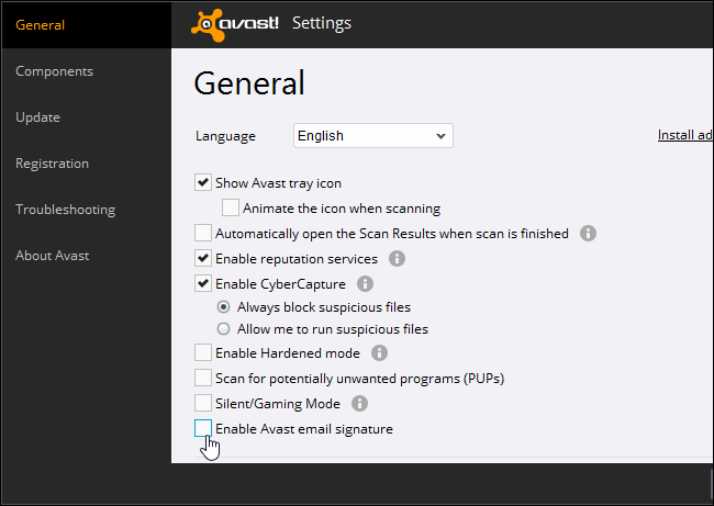 Изображение: опция для отключения подписи Avast в исходящих письмах