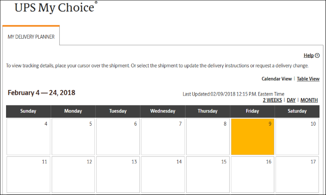 Скриншот интерфейса UPS My Choice — календарь доставки