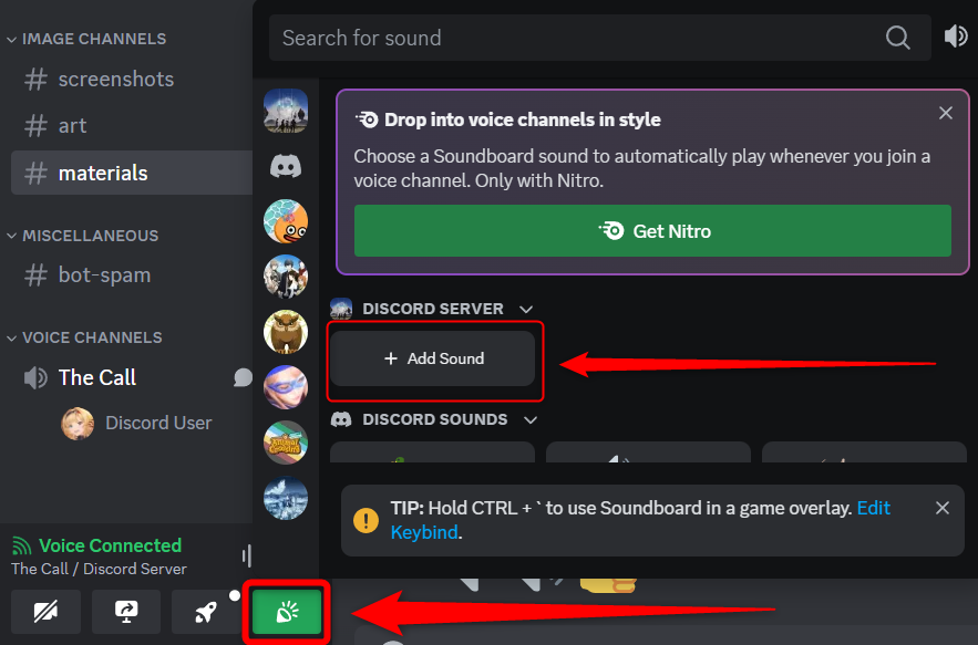 Открытие меню Discord Soundboard и добавление звука.