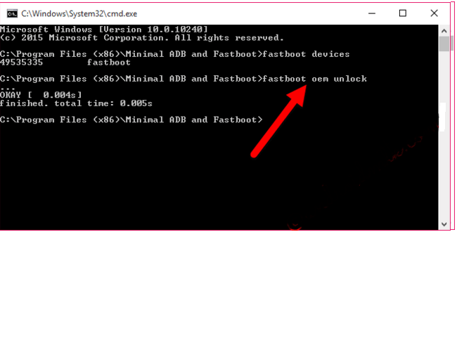 Kommando 'fastboot oem unlock'