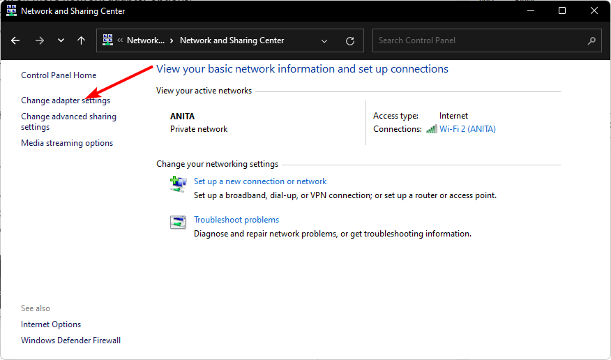 Изменение параметров адаптера в Центре управления сетями