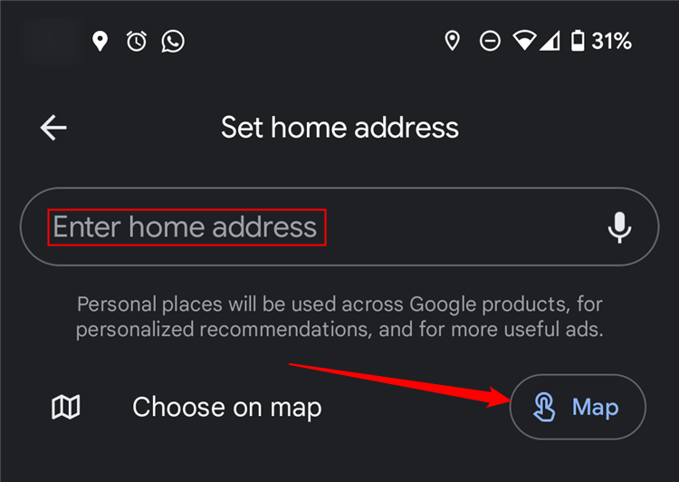 Экран установки домашнего адреса в приложении Google Maps