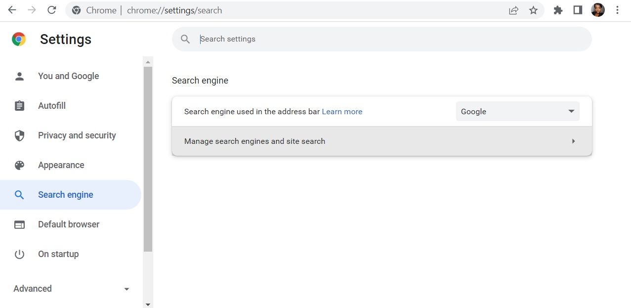 Пункт настроек «Поисковая система» в Chrome