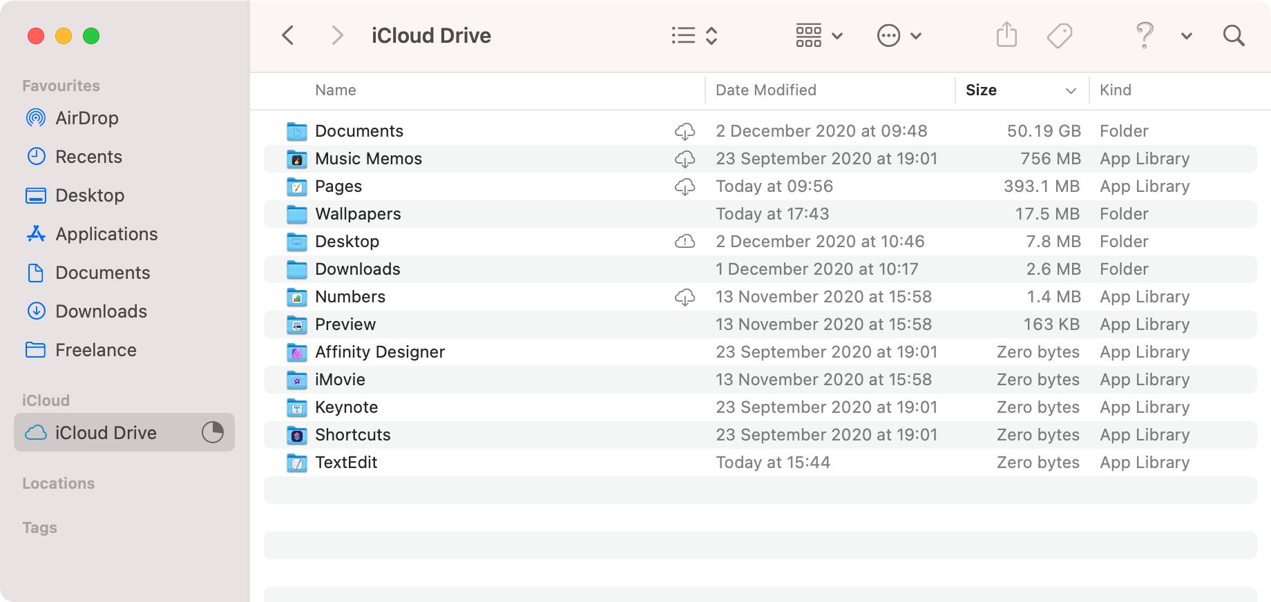 iCloud Drive in Finder showing folder sizes