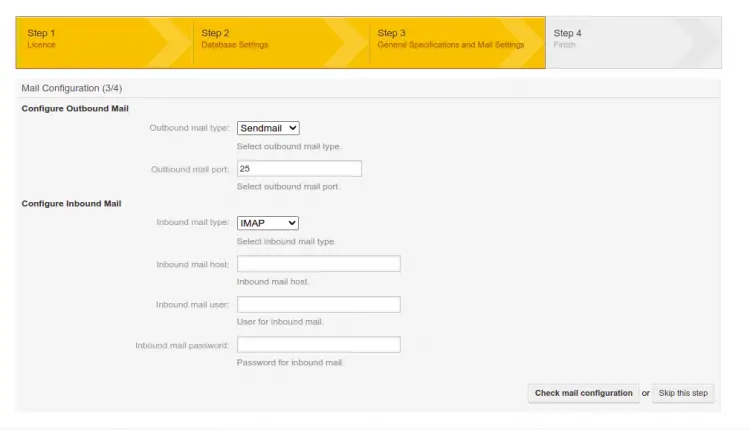 Настройка SMTP сервера в инсталляторе OTRS